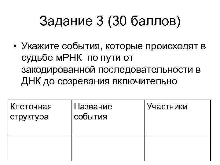 Задание 3 (30 баллов) • Укажите события, которые происходят в судьбе м. РНК по