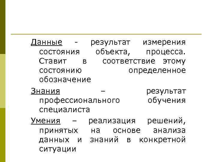Данные результат измерения состояния объекта, процесса. Ставит в соответствие этому состоянию определенное обозначение Знания