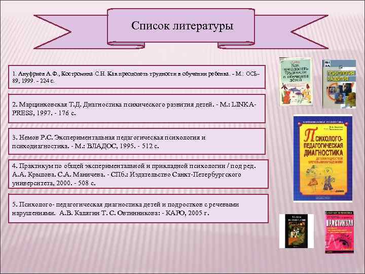 Список литературы 1. Ануфриев А. Ф. , Костромина С. Н. Как преодолеть трудности в