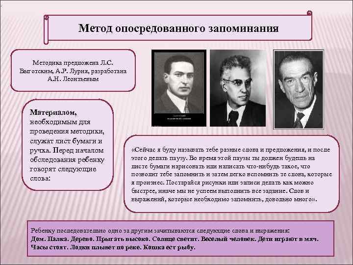. Метод опосредованного запоминания Методика предложена Л. С. Выготским, А. Р. Лурия, разработана А.