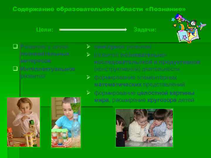 Содержание образовательной области «Познание» Цели: Задачи: q Развитие у детей познавательных интересов q Интеллектуальное