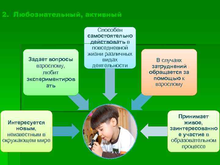 2. Любознательный, активный Задает вопросы взрослому, любит экспериментиров ать Интересуется новым, неизвестным в окружающем