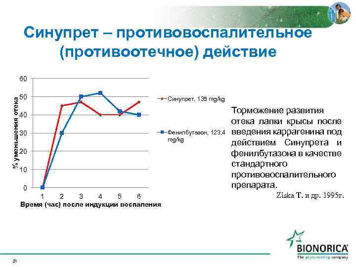 Синупрет – противовоспалительное (противоотечное) действие % уменьшения отека 60 50 40 30 20 10