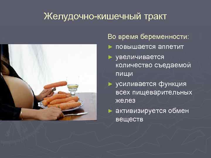Желудочно-кишечный тракт Во время беременности: ► повышается аппетит ► увеличивается количество съедаемой пищи ►