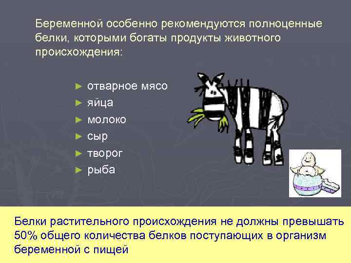 Беременной особенно рекомендуются полноценные белки, которыми богаты продукты животного происхождения: ► ► ► отварное