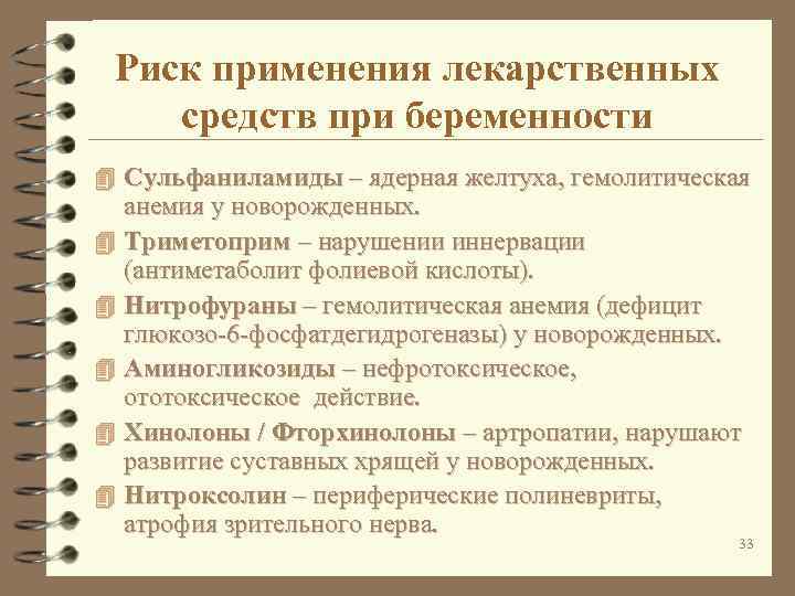 Риск применения лекарственных средств при беременности 4 Сульфаниламиды – ядерная желтуха, гемолитическая анемия у