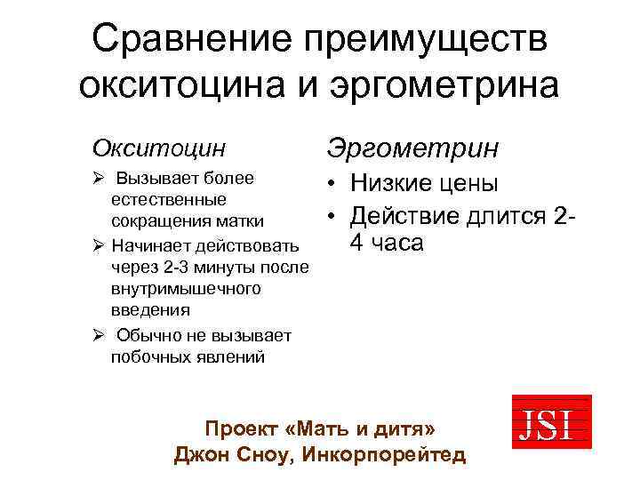 Сравнение преимуществ окситоцина и эргометрина Окситоцин Эргометрин Ø Вызывает более естественные сокращения матки Ø