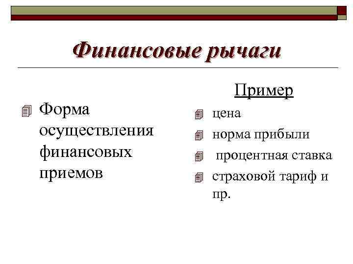 Финансовые рычаги 4 Форма осуществления финансовых приемов Пример 4 4 цена норма прибыли процентная