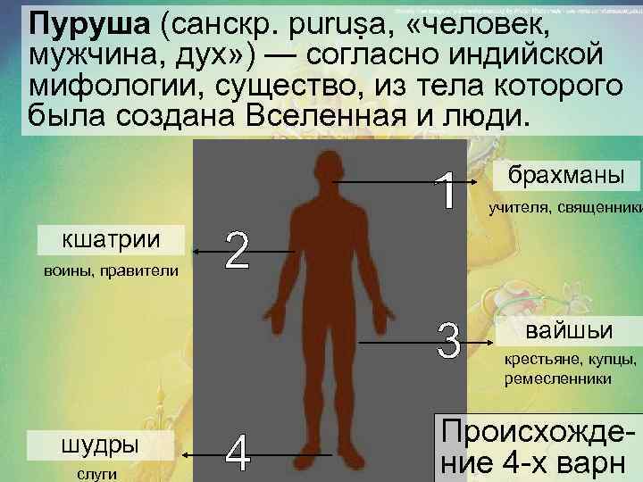 Пуруша (санскр. puruṣa, «человек, мужчина, дух» ) — согласно индийской мифологии, существо, из тела
