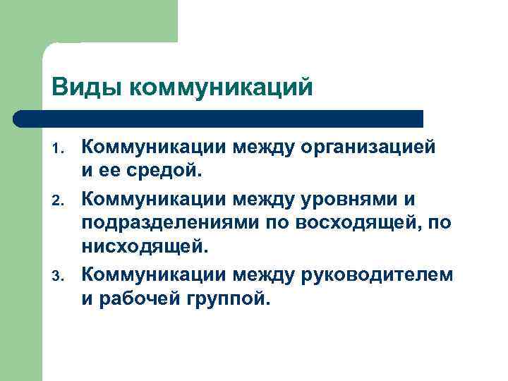 Виды коммуникаций 1. 2. 3. Коммуникации между организацией и ее средой. Коммуникации между уровнями