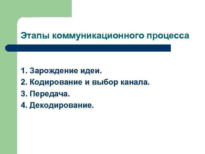 Этапы коммуникационного процесса 1. Зарождение идеи. 2. Кодирование и выбор канала. 3. Передача. 4.