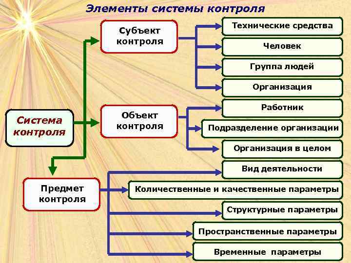 Элементы системы контроля Субъект контроля Технические средства Человек Группа людей Организация Система контроля Объект