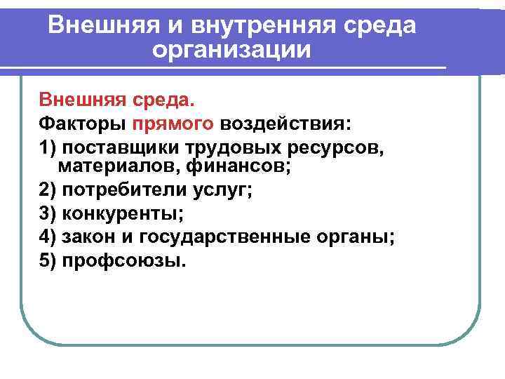Внешняя и внутренняя среда организации Внешняя среда. Факторы прямого воздействия: 1) поставщики трудовых ресурсов,