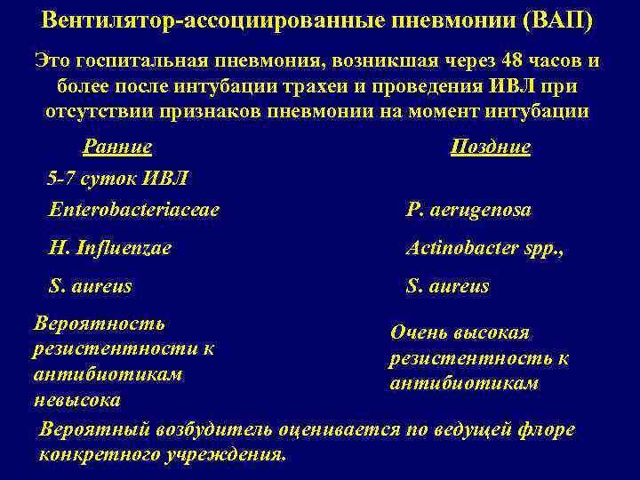 Вентилятор-ассоциированные пневмонии (ВАП) Это госпитальная пневмония, возникшая через 48 часов и более после интубации