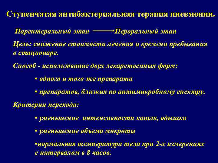 Ступенчатая антибактериальная терапия пневмонии. Парентеральный этап Пероральный этап Цель: снижение стоимости лечения и времени