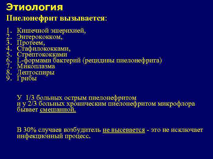 Этиология Пиелонефрит вызывается: 1. 2. 3. 4. 5. 6. 7. 8. 9. Кишечной эшерихией,