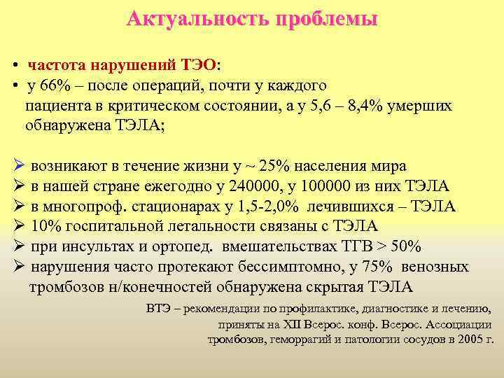 Актуальность проблемы • частота нарушений ТЭО: • у 66% – после операций, почти у