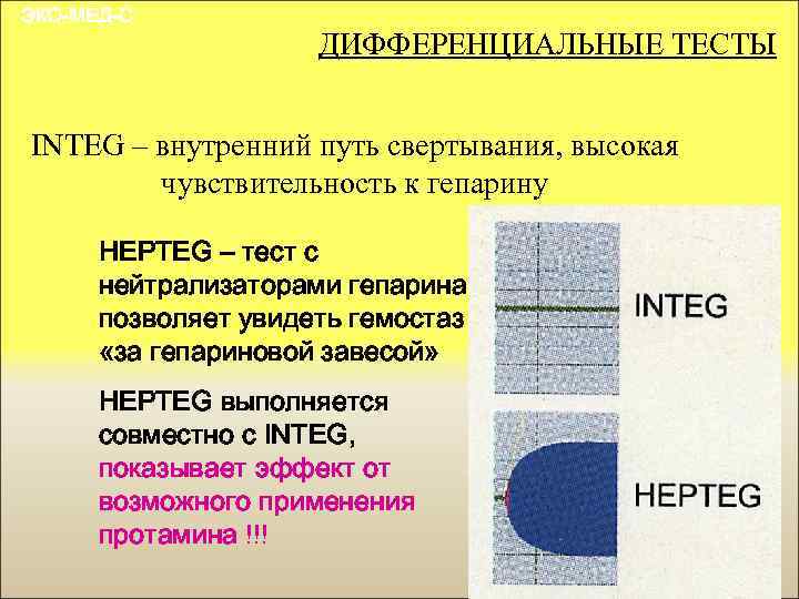 ЭКО-МЕД-С ДИФФЕРЕНЦИАЛЬНЫЕ ТЕСТЫ INTEG – внутренний путь свертывания, высокая чувствительность к гепарину HEPTEG –