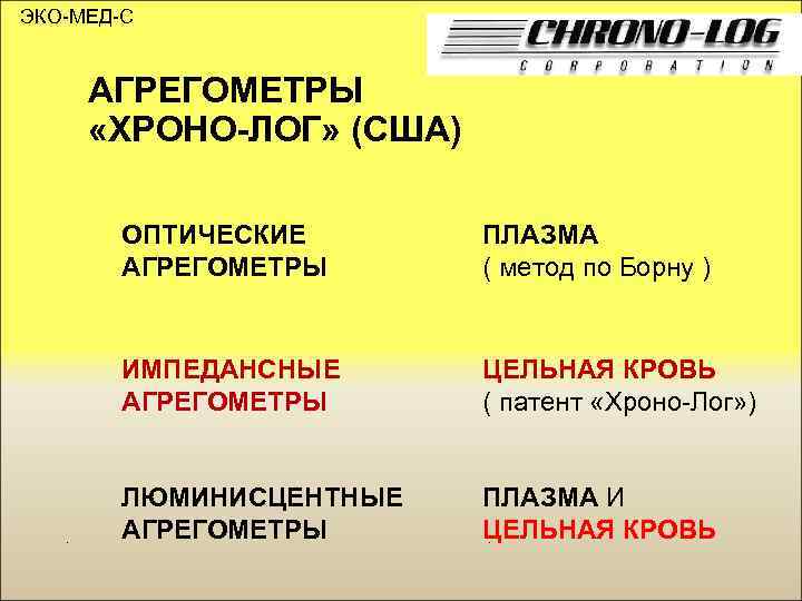 ЭКО-МЕД-С АГРЕГОМЕТРЫ «ХРОНО-ЛОГ» (США) ОПТИЧЕСКИЕ АГРЕГОМЕТРЫ ПЛАЗМА ( метод по Борну ) ИМПЕДАНСНЫЕ АГРЕГОМЕТРЫ