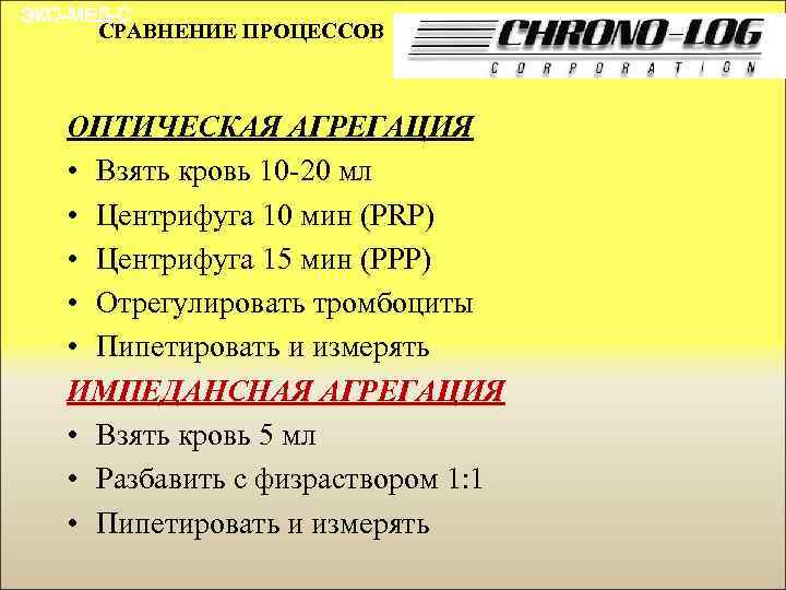 ЭКО-МЕД-С СРАВНЕНИЕ ПРОЦЕССОВ ОПТИЧЕСКАЯ АГРЕГАЦИЯ • Взять кровь 10 -20 мл • Центрифуга 10