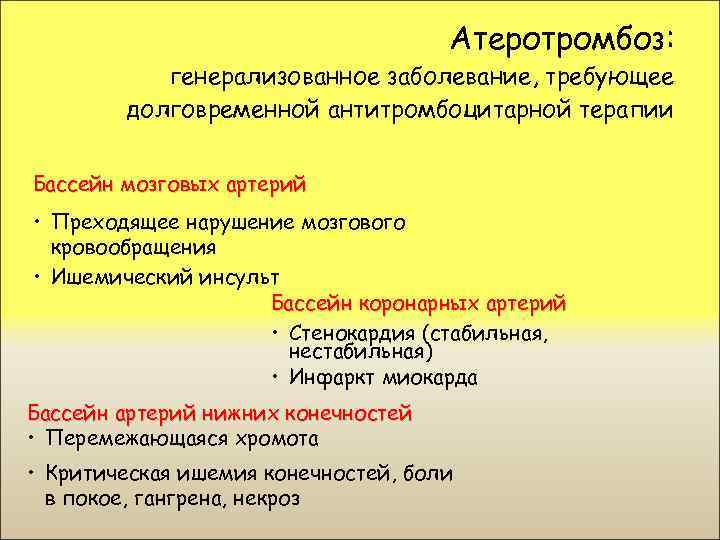 Атеротромбоз: генерализованное заболевание, требующее долговременной антитромбоцитарной терапии Бассейн мозговых артерий • Преходящее нарушение мозгового