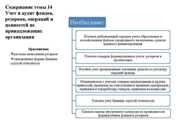 Содержание темы 14 Учет и аудит фондов, резервов, операций и ценностей не принадлежащих организации
