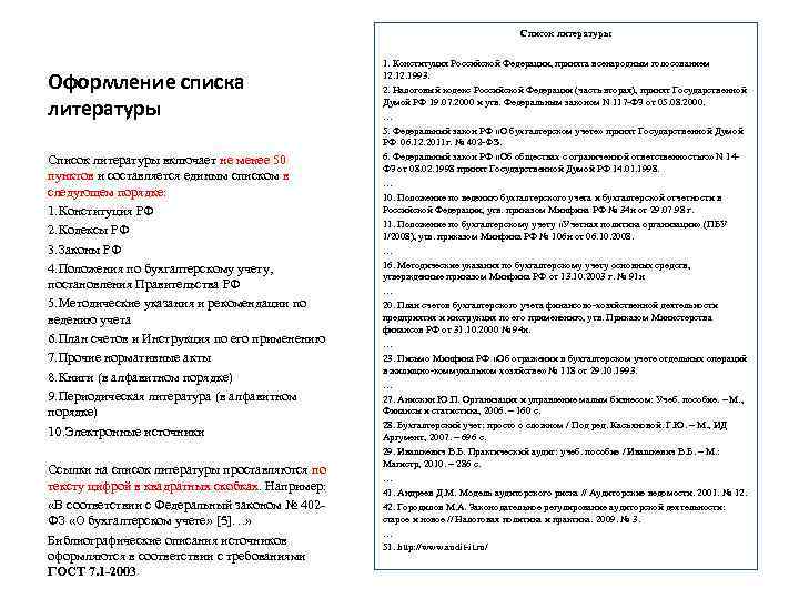 Список литературы Оформление списка литературы Список литературы включает не менее 50 пунктов и составляется