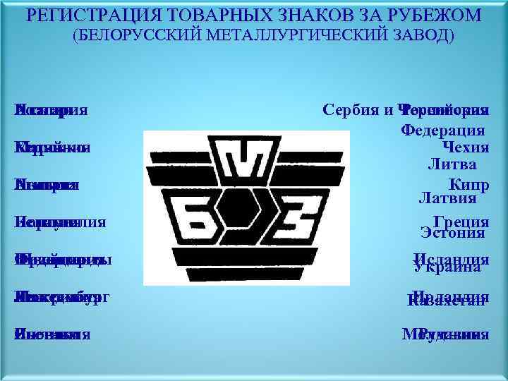 РЕГИСТРАЦИЯ ТОВАРНЫХ ЗНАКОВ ЗА РУБЕЖОМ (БЕЛОРУССКИЙ МЕТАЛЛУРГИЧЕСКИЙ ЗАВОД) Италия Алжир Болгария Германия Китай Марокко