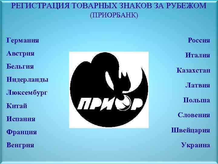 РЕГИСТРАЦИЯ ТОВАРНЫХ ЗНАКОВ ЗА РУБЕЖОМ (ПРИОРБАНК) Германия Австрия Бельгия Нидерланды Люксембург Китай Испания Франция