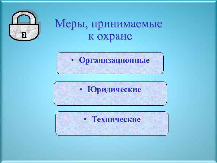 Меры, принимаемые к охране • Организационные • Юридические • Технические 