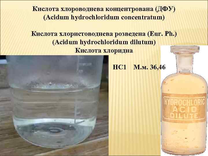 Кислота хлороводнева концентрована (ДФУ) (Acidum hydrochloridum concentratum) Кислота хлористоводнева розведена (Eur. Ph. ) (Acidum