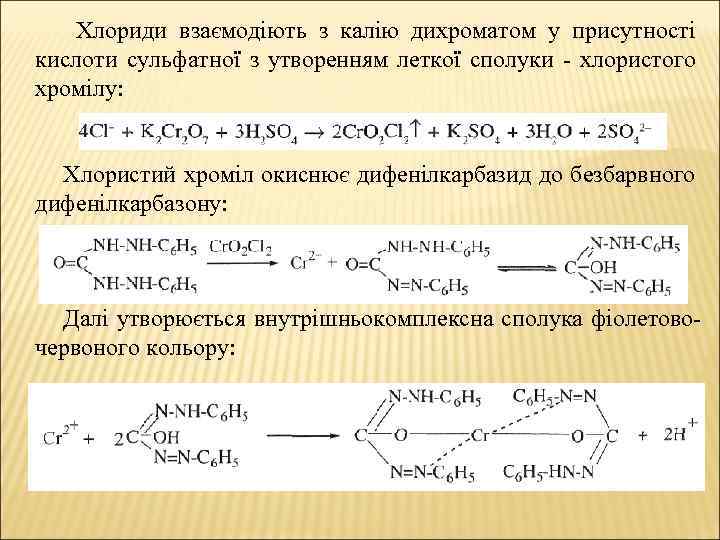 Хлориди взаємодіють з калію дихроматом у присутності кислоти сульфатної з утворенням леткої сполуки хлористого