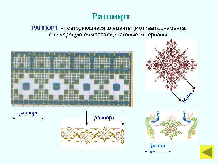 Раппорт РАППОРТ - повторяющиеся элементы (мотивы) орнамента, они чередуются через одинаковые интервалы. п р