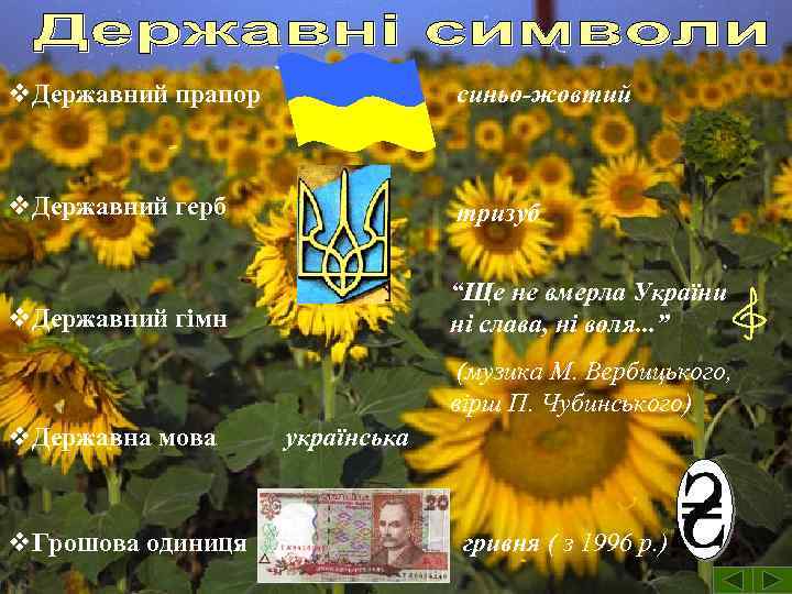v. Державний прапор синьо-жовтий v. Державний герб тризуб v. Державний гімн “Ще не вмерла