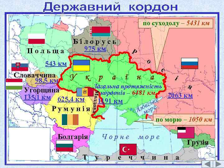по суходолу – 5431 км Польща Білорусь 975 км Р о 543 км с