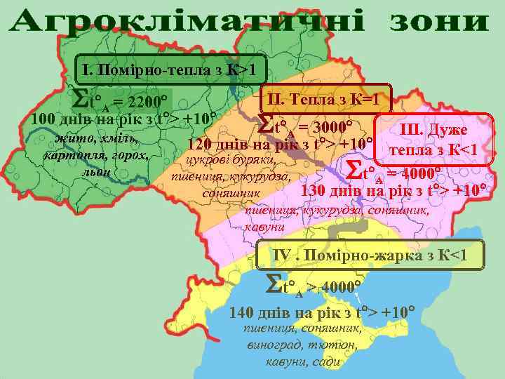 І. Помірно-тепла з К>1 t ІІ. Тепла з К=1 = 2200 100 днів на