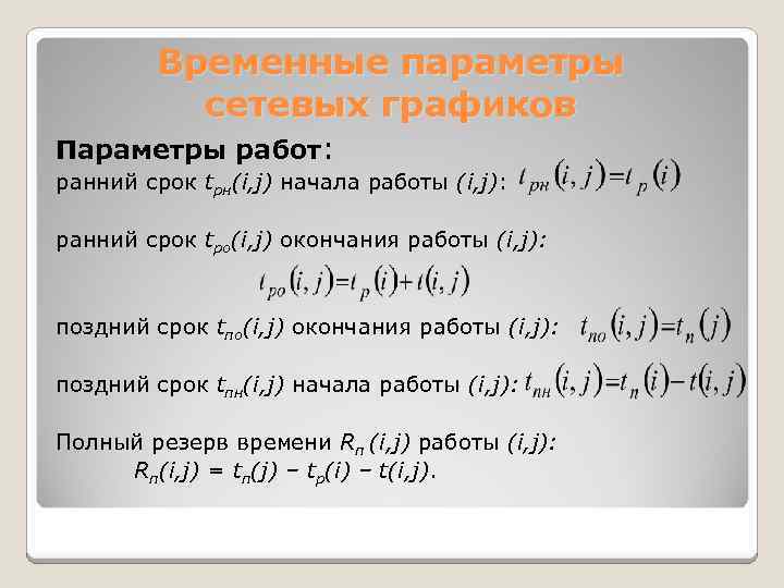 Временные параметры сетевых графиков Параметры работ: ранний срок tрн(i, j) начала работы (i, j):