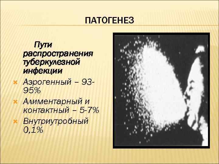 ПАТОГЕНЕЗ Пути распространения туберкулезной инфекции Аэрогенный – 9395% Алиментарный и контактный – 5 -7%