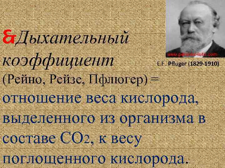  Дыхательный коэффициент E. F. . Pfluger (1829 -1910) (Рейно, Рейзе, Пфлюгер) = отношение