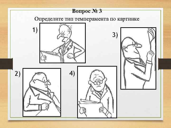 Вопрос № 3 Определите тип темперамента по картинке 1) 2) 3) 4) 