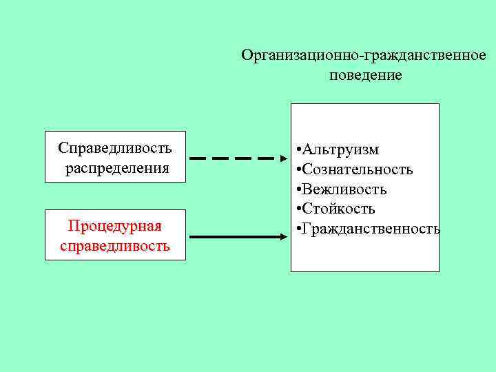 Организационно-гражданственное поведение Справедливость распределения Процедурная справедливость • Альтруизм • Сознательность • Вежливость • Стойкость