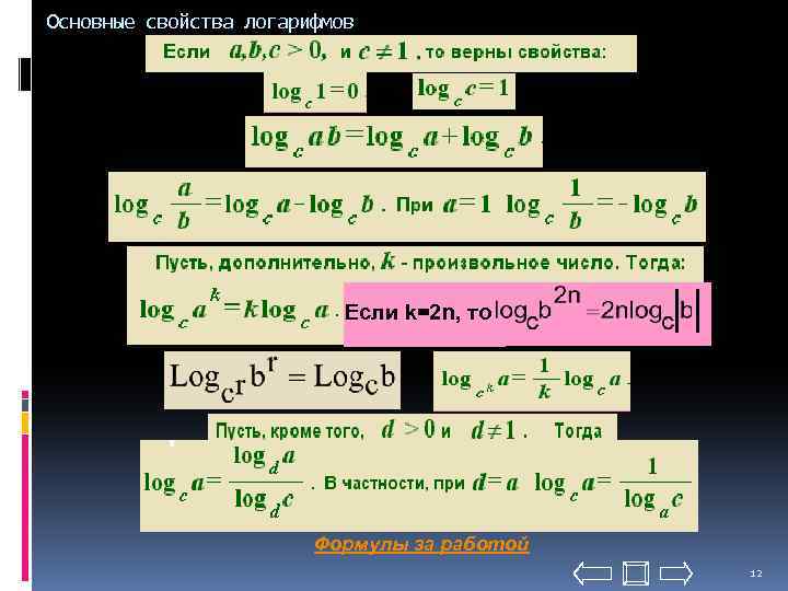 Основные свойства логарифмов Если k=2 n, то Формулы за работой 12 