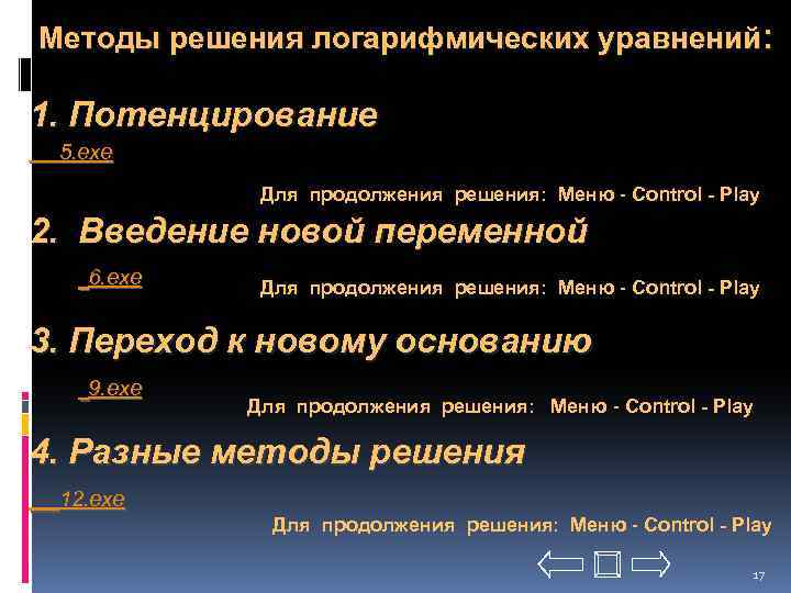 Методы решения логарифмических уравнений: 1. Потенцирование 5. exe Для продолжения решения: Меню - Control
