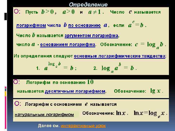 Определение натуральным логарифмом Далее см. интерактивный урок 