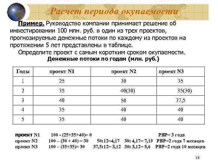 Первоначальные инвестиции в проект составляют 500000 рублей в год сколько лет проект будет окупаться