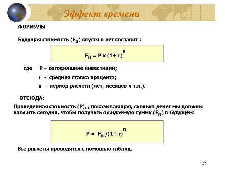 Эффект времени ФОРМУЛЫ Будущая стоимость (Fn) спустя n лет составит : n Fn =