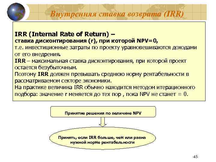Внутренняя ставка возврата (IRR) IRR (Internal Rate of Return) – ставка дисконтирования (r), при