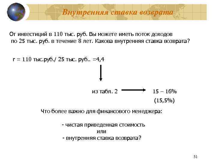 Внутренняя ставка возврата От инвестиций в 110 тыс. руб. Вы можете иметь поток доходов
