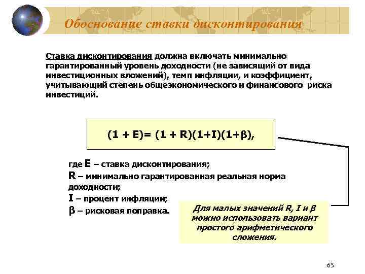 Обоснование ставки дисконтирования Ставка дисконтирования должна включать минимально гарантированный уровень доходности (не зависящий от