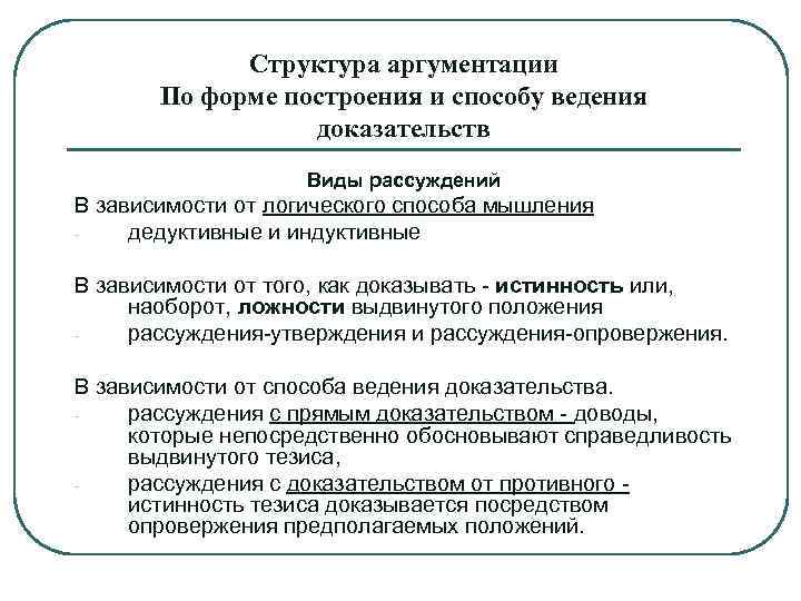 Структура аргументации По форме построения и способу ведения доказательств Виды рассуждений В зависимости от